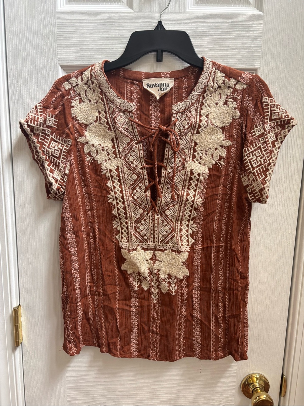 Savanna Jane Rust Tunic with Cream Floral Embroidery, Size S, EUC